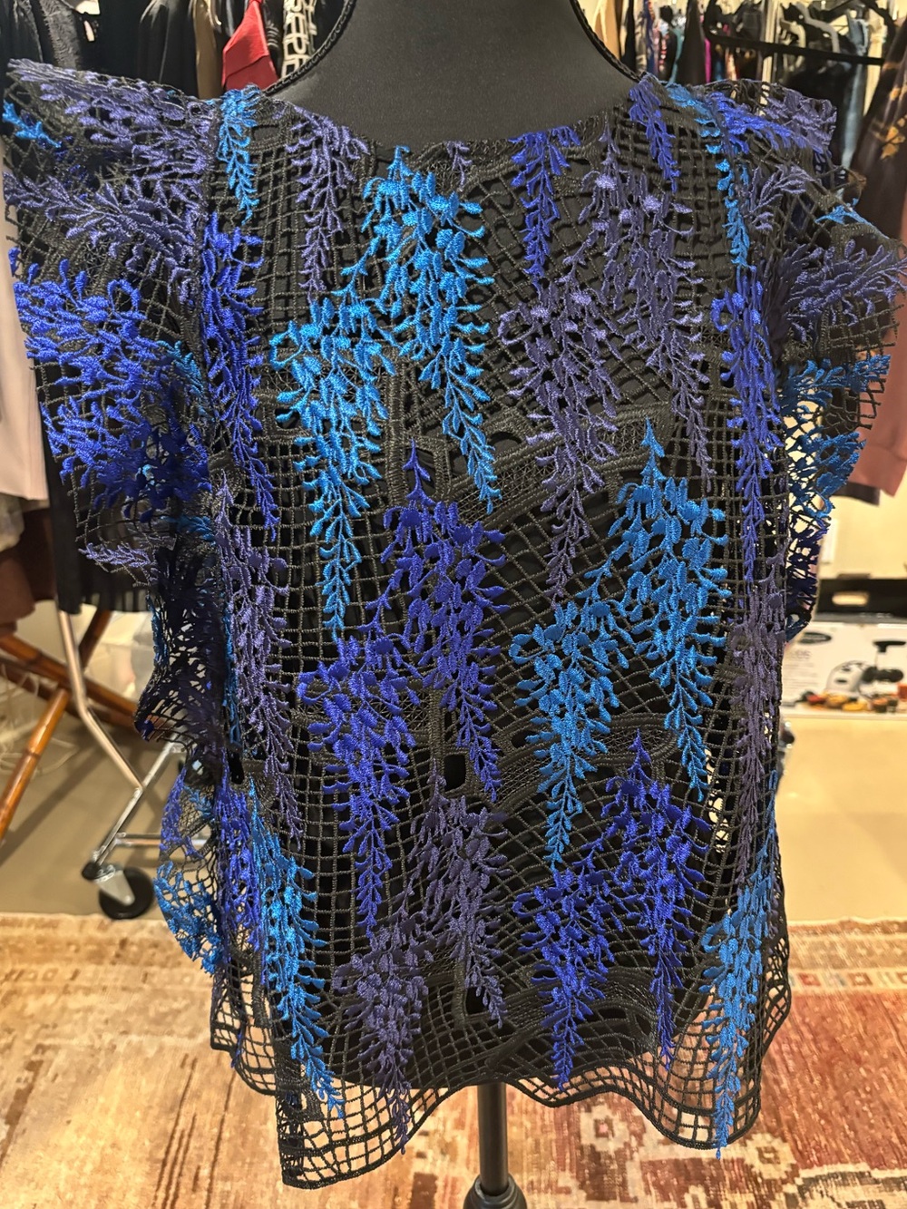 Black Crochet Top with Blue and Purple detail